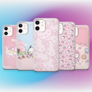 May include: Five pink phone cases with various designs. One case features a repeating pattern of Hello Kitty bows, while another showcases Hello Kitty with strawberries. Other cases display cartoon characters and cloud designs.