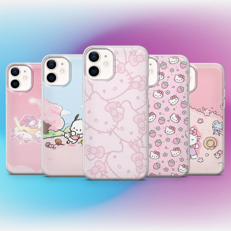 May include: Five pink phone cases with various designs. One case features a repeating pattern of Hello Kitty bows, while another showcases Hello Kitty with strawberries. Other cases display cartoon characters and cloud designs.