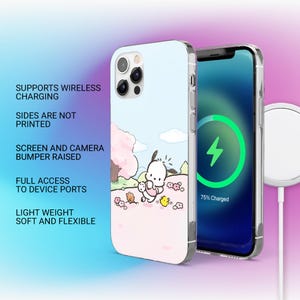 May include: A light blue phone case with a cartoon illustration of a white dog-like character, a pink tree, and yellow chicks. The phone screen shows a charging symbol. Text on the case reads: Supports Wireless Charging, Sides Are Not Printed, Screen and Camera Bumper Raised, Full Access to Device Ports, Light Weight Soft and Flexible.