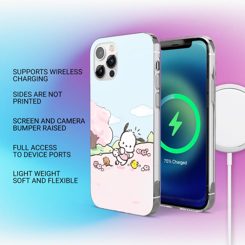 May include: A light blue phone case with a cartoon illustration of a white dog-like character, a pink tree, and yellow chicks. The phone screen shows a charging symbol. Text on the case reads: Supports Wireless Charging, Sides Are Not Printed, Screen and Camera Bumper Raised, Full Access to Device Ports, Light Weight Soft and Flexible.