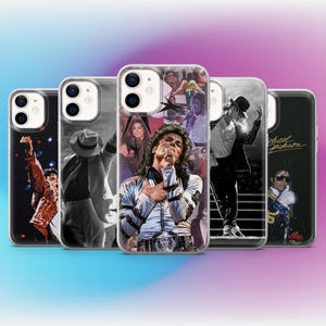 May include: Five phone cases showcasing images of Michael Jackson. The cases feature various performance shots of the singer, in both monochrome and colour. The cases are transparent with a glossy finish.