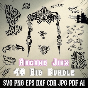 May include: A black and white graphic bundle with illustrations and text. The design includes the text "HA HA HA", "NOT CRAZY", "POW! POW!", and "ARCANE JINX 40 BIG BUNDLE". File formats include SVG, PNG, EPS, DXF, CDR, JPG, PDF, and AI.
