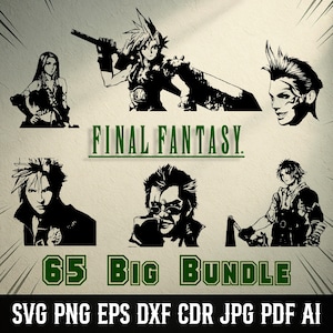 Op de afbeelding: Zwart-wit silhouet afbeeldingen van Final Fantasy karakters. De tekst "FINAL FANTASY" staat boven de tekst "65 BIG BUNDLE". Daaronder bestandsformaten: SVG PNG EPS DXF CDR JPG PDF AI.