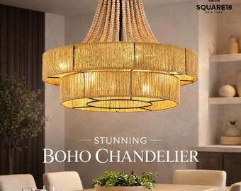 Boho Twine Cage Chandelier Fan with Light, 20 Inch Rattan Fandelier (Remote App Control)