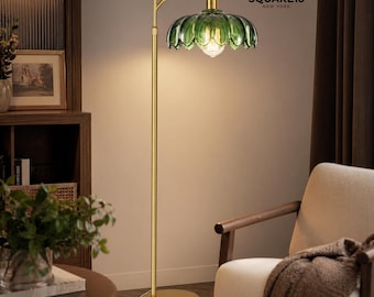 Gold Arc Floor Lamp Green Glass Shade, Mid-Century Modern, Remote Control, Adjustable Height
