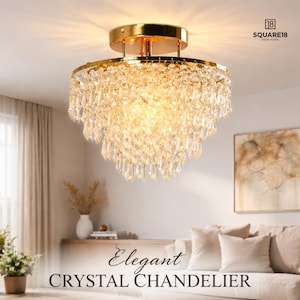 Gold Crystal Chandelier Flush Mount Ceiling Light, 5 Tier Raindrop Design (11.8 Inch)