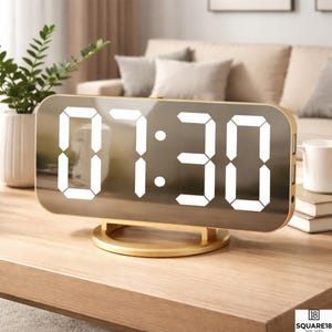 May include: A gold-colored digital alarm clock displaying 7:30 in bright white numerals. The rectangular clock has a mirrored surface and sits on a matching circular base. The clock is on a wooden table, with a plant and a couch in the background.