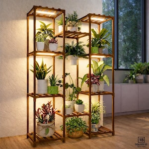 May include: A multi-tiered, wooden plant stand with built-in LED lighting. The stand is filled with various potted plants, showcasing a variety of green foliage and colorful flowers. The design is modern and functional, perfect for indoor gardening and home decor.