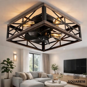Rustic Caged Square Flush Mount Ceiling Fan with Light – Industrial Farmhouse Design