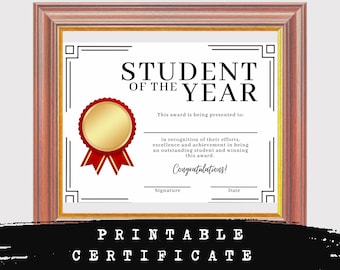 CERTIFICATE printable, Student of the Year Award, INSTANT DOWNLOAD print, Classroom Awards, 8.5x11, Achievement Award