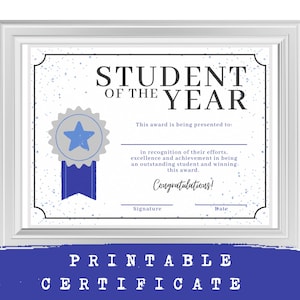 CERTIFICATE printable, Student of the Year Award, INSTANT DOWNLOAD print, Classroom Awards, 8.5x11, Achievement Award