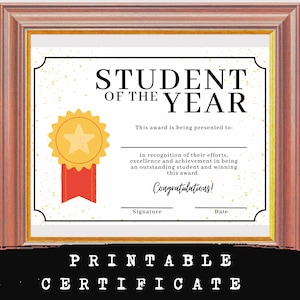 CERTIFICATE printable, Student of the Year Award, INSTANT DOWNLOAD print, Classroom Awards, 8.5x11, Achievement Award