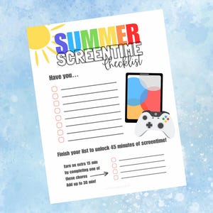 Summer Screen Time Checklist, Printable Instant Digital Download, Kids Chore Chart, Summer Chore Checklist