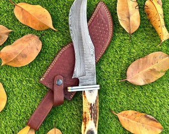 Damascus Steel Hunting Knife, Stag Antler Handle, Custom Handmade Bushcraft Skinner, Leather Sheath