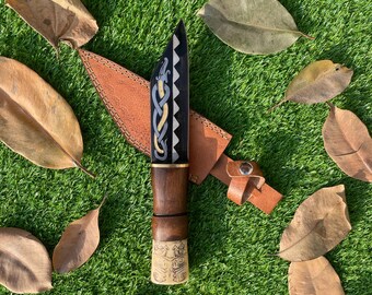 Norse Bone Pommel Seax Knife, Scramasax Knotwork Blade Viking Gift