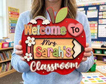 Custom Apple Teacher Name Door Sign, 3D Welcome Door Hanger, Back to School Classroom Decor, Teacher Appreciation Gifts, Teacher Gift