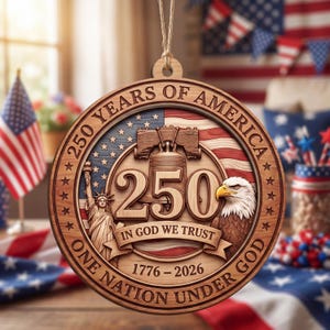May include: Circular wooden ornament celebrating 250 years of America. Features the Liberty Bell, an eagle, and the Statue of Liberty, with the American flag in the background. Text includes "250 Years of America" and "In God We Trust."