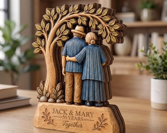 Rustic Old Couple Walking Anniversary Gift, Personalized 2-Layered Wooden Plaque  Wedding Year Decor