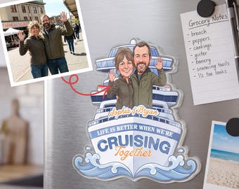 Imán "Compañeros de crucero para toda la vida", imán personalizado para la puerta del crucero con foto de pareja vista trasera, regalo de decoración para camarote de vacaciones con nombres personalizados