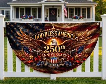 Guirnalda personalizada con la bandera del 250 aniversario de EE. UU. (1776-2026), guirnalda patriótica estadounidense con nombre familiar personalizado, bandera tipo abanico sin pliegues para el porche.