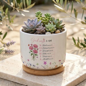 May include: A white ceramic plant pot filled with succulents. The pot features floral and butterfly designs, with the text "God says I AM" and a list of words. It rests on a round wooden coaster.