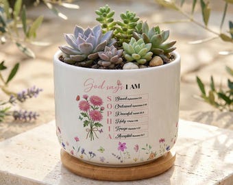 Maceta personalizada con versículo bíblico, maceta personalizada para flores de nacimiento, versículo bíblico "Dios dice que yo soy", regalo con escritura para hija, regalo religioso