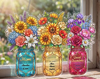 Personalized Memorial Suncatcher with Name, Mom Grandma Great Grandma Flower, Mothers Day Window Hanging Decor Gift, Gift For Grandma