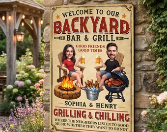 Welcome To Our Backyard Bar & Grill - Personalized Metal Sign - Gift For Couple, Family, Summer Decorations