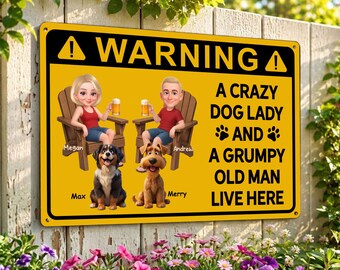 Avertissement Crazy Dog Lady Grumpy Old Man Live Here, enseigne en métal personnalisée, décoration drôle de sarcasme pour terrasse, jardin, porche de ferme