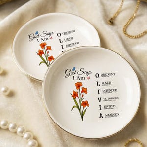 Plato para anillos cristiano personalizado con nombre, plato con versículo bíblico "Dios dice que yo soy", regalo personalizado con escritura para hija, regalo religioso Toile De Jouy