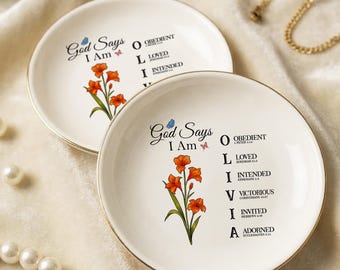 God Says I Am Bible Verse Dish, Custom Christian Ring Dish With Name, Custom Scripture Gift for Daughter, Toile De Jouy Religious Gift