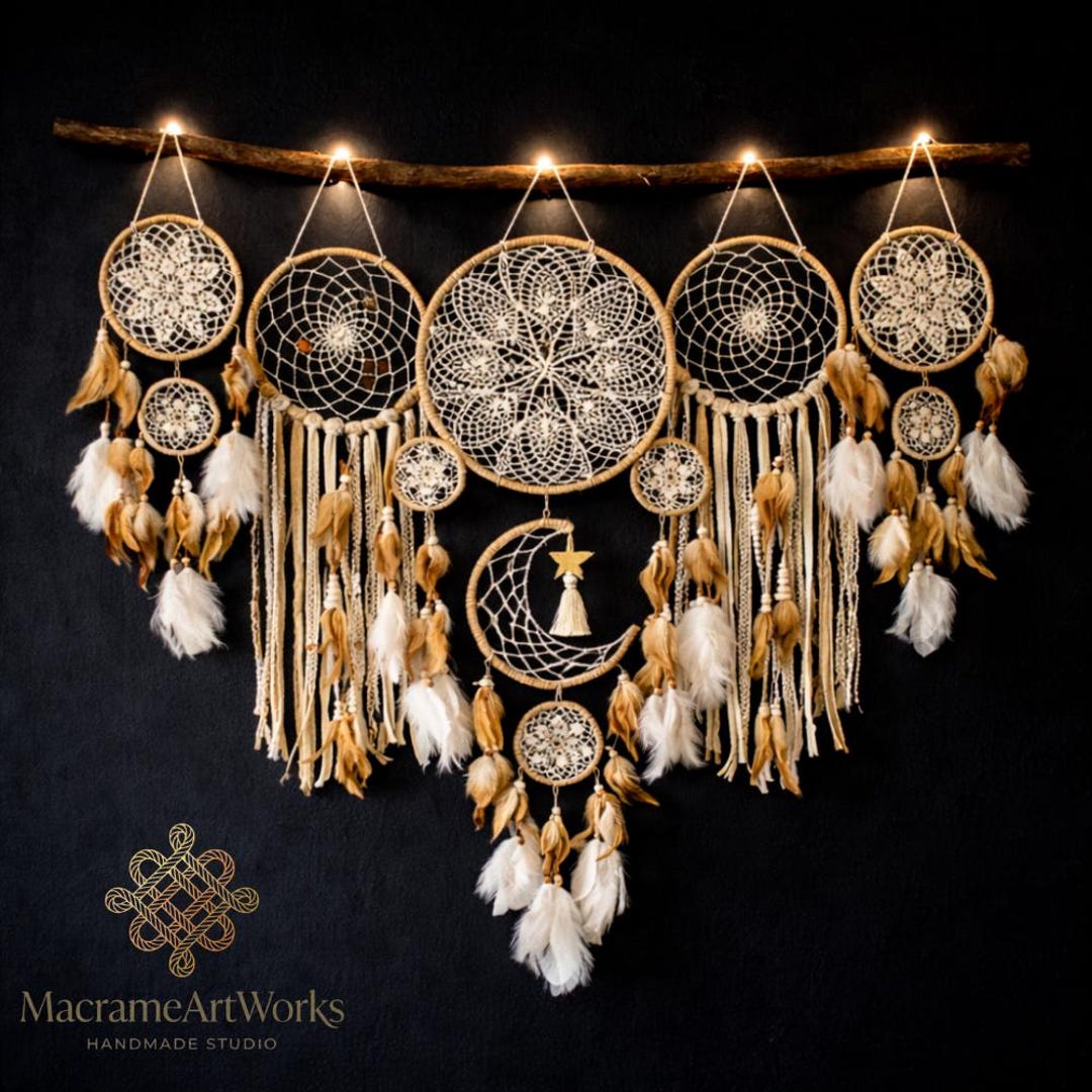 Moon Dream Catcher Set Boho Wall Decor Witchy Bedroom Feather Hanging ...