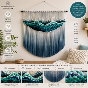 May include: A macrame wall hanging featuring a layered wave pattern in shades of teal, blue, and navy. The piece has an ombre fringe that transitions from light to dark blue. It measures 35.43 inches in width and 31.50 inches in height.