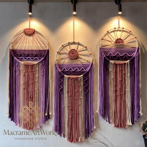Boho Makramé Väggbonad Stor Lila Fiberkonst Vävd Gobeläng Modern Heminredning