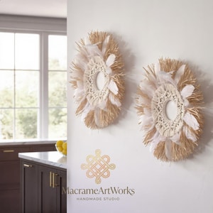 May include: Two circular wall hangings with a woven center, surrounded by tan and white feathers. The wall decor has a natural, bohemian aesthetic. The logo "MacrameArtWorks HANDMADE STUDIO" is visible.