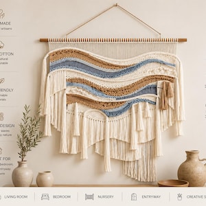 Ocean Wave Macrame Hanging, Coastal Fiber Art, Boho Tapestry, Beach Decor, Handmade Textile
