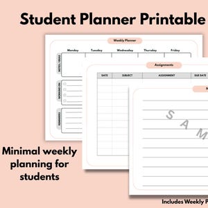 Könnte beinhalten: Ein druckbarer Studentenplaner und iPad-PDF mit minimalistischem Design. Der Planer enthält Abschnitte für Wochenplanung, Aufgaben und Notizen. Der Text "SAMPLE" ist auf der Notizseite sichtbar. Der Text "Minimal weekly planning for students" ist ebenfalls sichtbar.