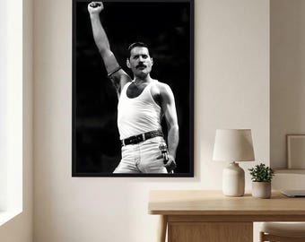 Freddie Mercury concertposter: Zwart-wit muurdecoratie voor rocklegende (digitale download)