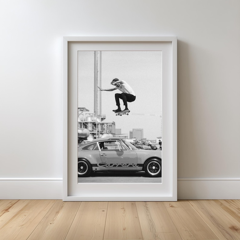 Porsche Carrera Skate Poster Black and White Street Culture Wall Art Skateboarder Porsche Print Urban Decor Gift