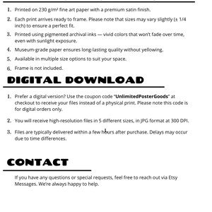 May include: A white document with black text detailing printing information, digital download instructions, and contact information. The text includes details about paper type, ink, and digital file formats. The document also mentions a coupon code.