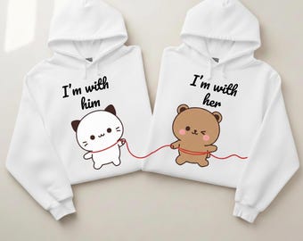 Matching Kawaii Cat and Bear Couple Hoodies, Anniversary Gift