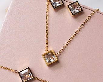 Conjunto de pendientes, collar y pulsera de circonita, pendientes modernos para novias, joyería nupcial, conjunto de acero inoxidable chapado en oro.