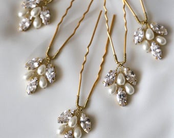 Zircon and Pearl Hair Pins, Gold Wedding Headpiece, Set of 5, Bridal hair accessories