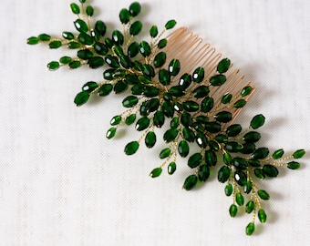 Emerald Crystal Hair Comb, Green Wedding Gold headpiece, Bridal Hair Accessories