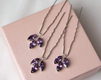 Amethyst Hair Pins, Purple Wedding headpiece, Zircon Bridesmaids Silver Hair Accessories, Set of 3