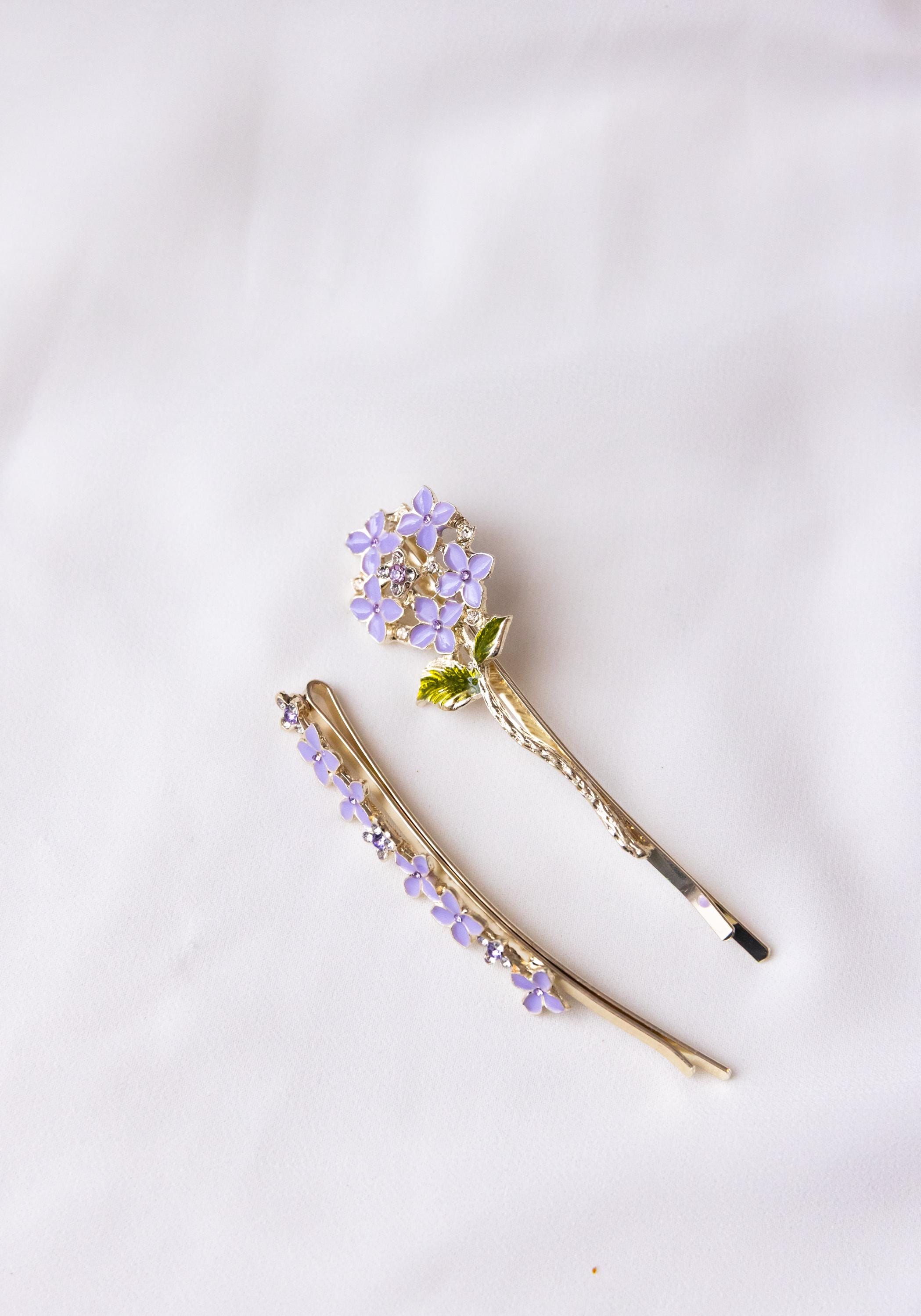 Enamel Wisteria Floral Hair Clips set of 2, Gold Purple Flower Bobby Pin, Brass headpiece, Hair accessories, Fashion Hair Clips, Barrette