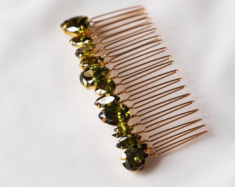 Olivgrüner Kristall Haarkamm, Hochzeit Gold Kopfschmuck, Peridot Farbe Braut Zirkon Haarschmuck