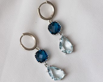 Blue Crystal Drop Earrings, Modern Wedding Jewelry, Dangle Crystal Earrings, Silver Plated
