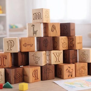 May include: A pyramid of wooden alphabet blocks with engraved letters and illustrations. The blocks are in various shades of brown and natural wood tones. Images include a giraffe, key, duck, and apple. The blocks are arranged on a light-colored table.