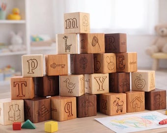 Montessori Wooden ABC Blocks, Letter, Word & Picture Learning Set, Toy for Toddlers